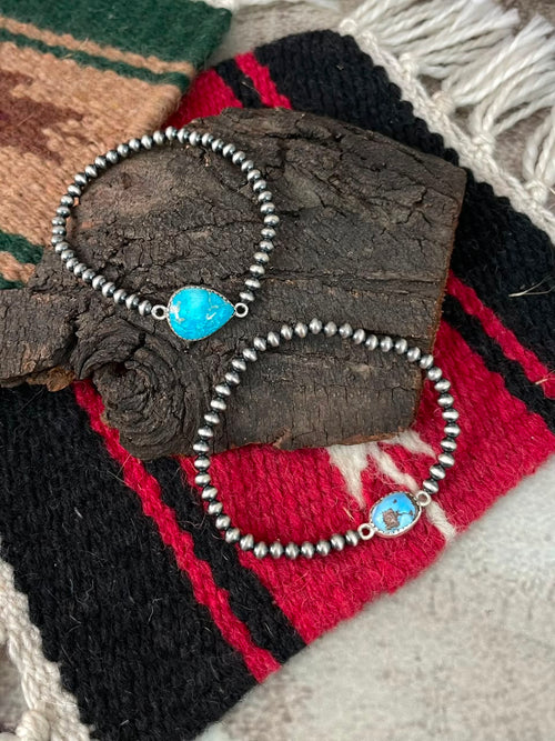 Handmade Sterling Silver Golden Hills and Sierra Bella Turquoise Stretchy Beaded Bracelet Signed Nizhoni