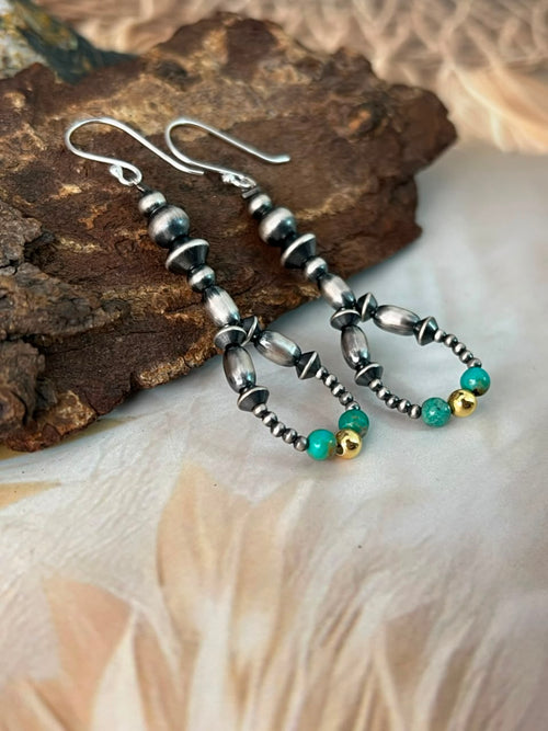 Handmade Sterling Silver Kingman Turquoise Hook Dangle Beaded Earrings