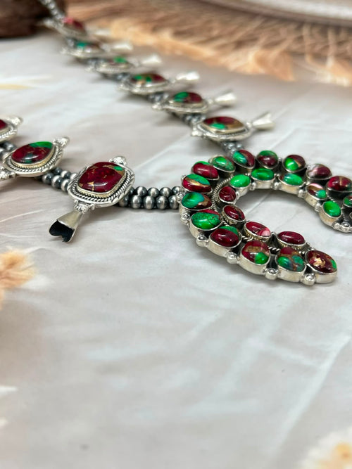 Handmade Sterling Silver Christmas Dahlia Collection: Beaded Squash Blossom Naja Necklace Signed Nizhoni