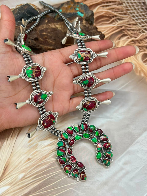 Handmade Sterling Silver Christmas Dahlia Collection: Beaded Squash Blossom Naja Necklace Signed Nizhoni