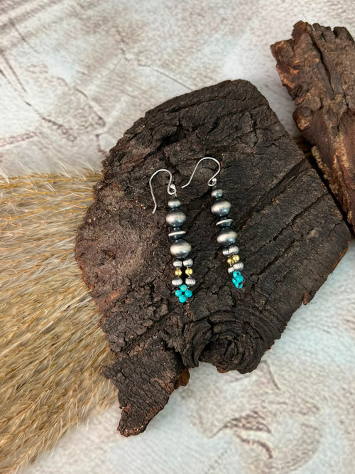 Handmade Sterling Silver Kingman Turquoise Hook Dangle Beaded Earrings