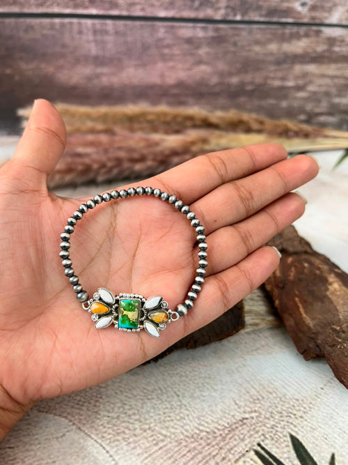 Handmade Sterling Silver Sonoran Mountain Turquoise with Bumblebee and White Buffalo Spring Collection: Stretchy Beaded Bracelet Signed Nizhoni