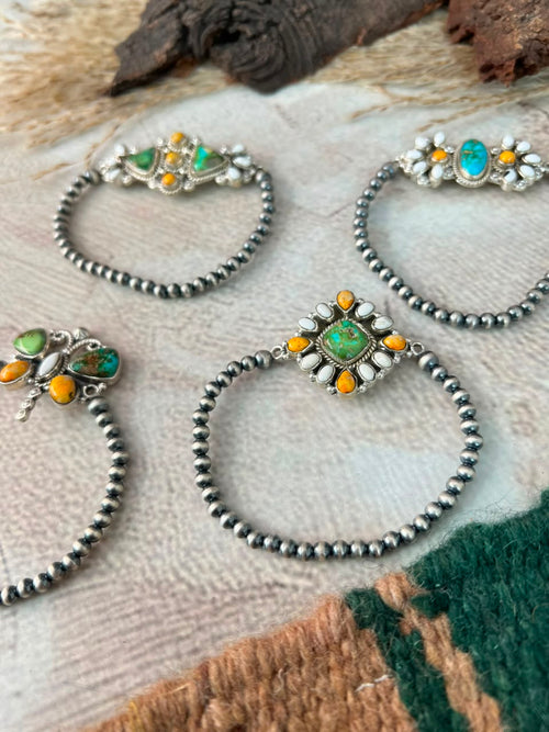 Handmade Sterling Silver Sonoran Mountain Turquoise with Bumblebee and White Buffalo Spring Collection: Stretchy Beaded Bracelet Signed Nizhoni