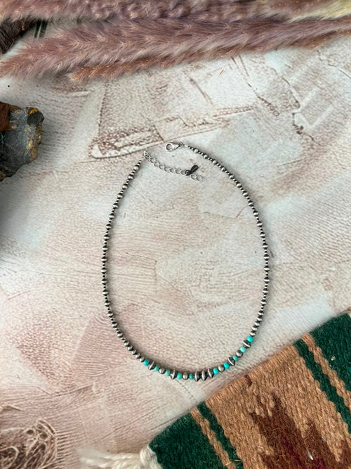 Handmade Sterling Silver Kingman Turquoise Beaded Necklace Signed Nizhoni