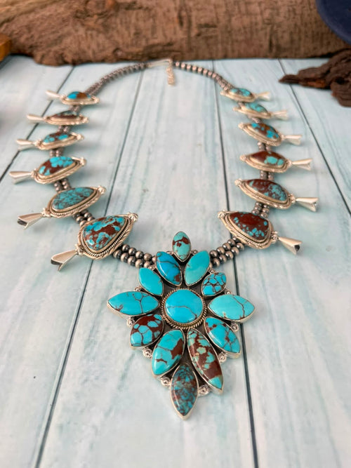 Handmade Sterling Silver Egyptian Turquoise Collection: Beaded Squash Blossom Necklace Signed Nizhoni