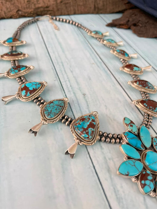 Handmade Sterling Silver Egyptian Turquoise Collection: Beaded Squash Blossom Necklace Signed Nizhoni