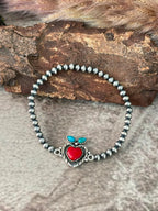 Handmade Sterling Silver Rosarita with Kingman Turquoise Cherry Stretchy Beaded Bracelet Signed Nizhoni