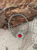 Handmade Sterling Silver Rosarita with Kingman Turquoise Cherry Stretchy Beaded Bracelet Signed Nizhoni