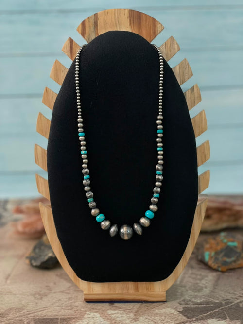 Handmade Sterling Silver Kingman Turquoise Beaded Necklace Signed Nizhoni