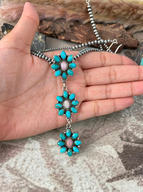 Handmade Sterling Silver Kingman Turquoise with Pink Opal Beaded Necklace Signed Nizhoni