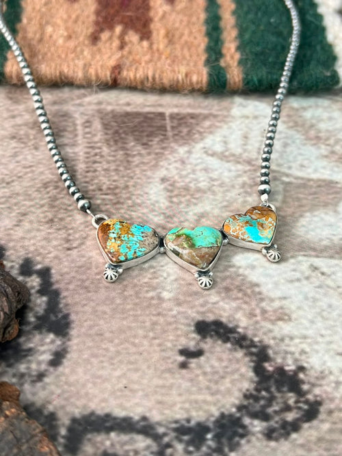 Handmade Sterling Silver Royston Turquoise Beaded Heart Necklace Signed Nizhoni