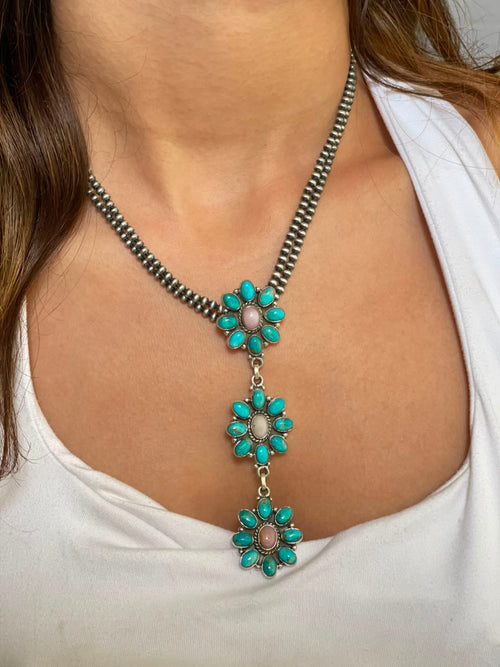 Handmade Sterling Silver Kingman Turquoise with Pink Opal Beaded Necklace Signed Nizhoni