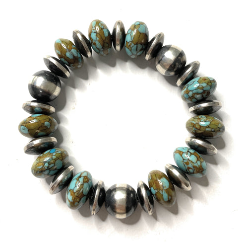 Handcrafted Sterling Silver Stretchy Natural #8 Turquoise Beaded Bracelet 12 mm pearl