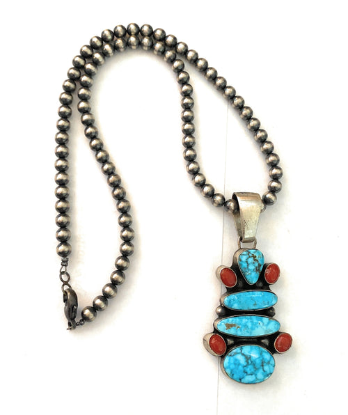 Navajo Sterling Silver, Turquoise & Coral Beaded Necklace by Bobby Johnson