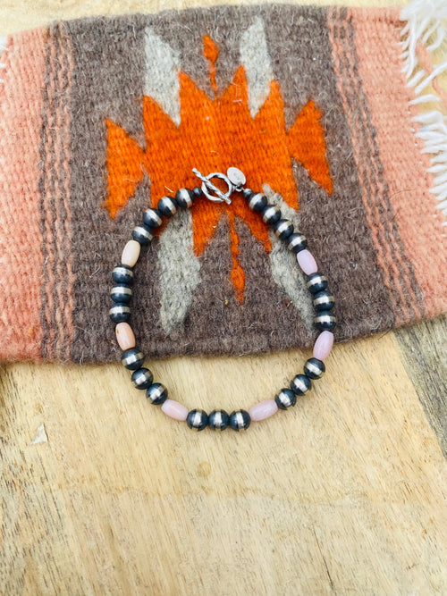 Handcrafted 6mm Sterling Silver Pearl & Pink Opal Beaded Bracelet