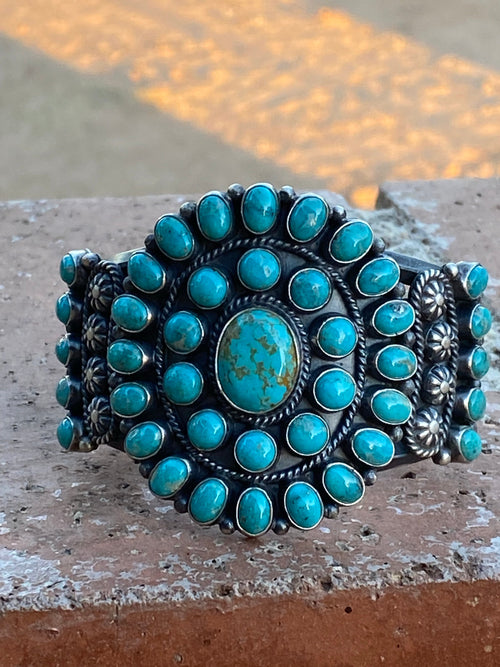 Handcrafted Vintage Turquoise & Sterling Cluster Cuff /