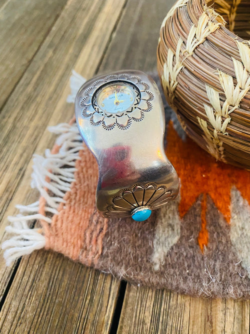 Old Pawn Vintage Navajo Turquoise & Hand Stamped Sterling Silver Watch Cuff-