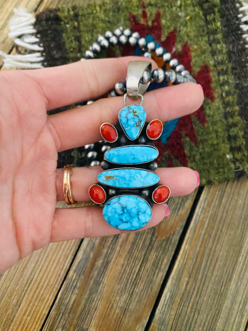 Navajo Sterling Silver, Turquoise & Coral Beaded Necklace by Bobby Johnson