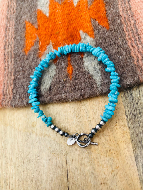 Navajo Sterling Silver Pearl & Turquoise Beaded Bracelet