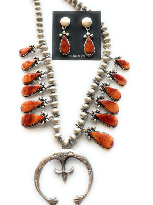Navajo Orange Spiny And Sterling Silver Squash Blossom Necklace Earrings Set By Selena Warner