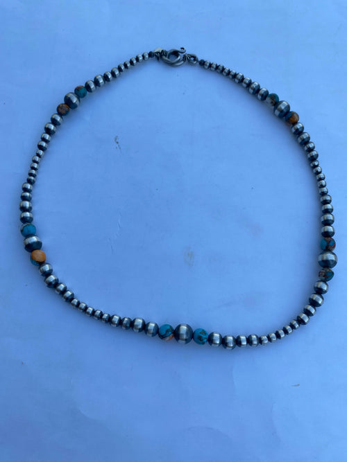 Handcrafted Turquoise & Spiny Spice Sterling Silver Beaded Necklace 18 inch