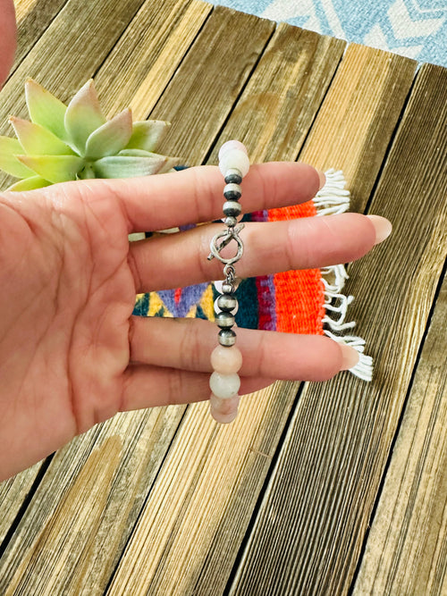 Handcrafted Queen Pink Conch Shell & Sterling Silver Beaded Bracelet