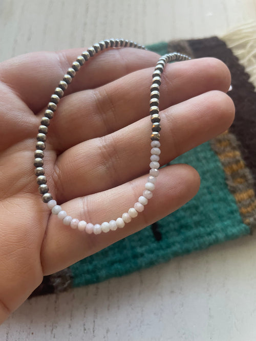 Handcrafted Sterling Silver Pearl & Queen Pink Conch Beaded Necklace 3mm