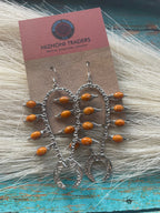 Handcrafted Sterling Silver & Orange Spiny Squash Blossom Dangle Earrings Signed