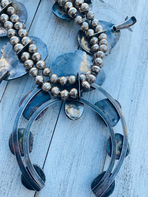 Handcrafted Vintage Turquoise & Sterling Silver Jumbo Squash Blossom Necklace