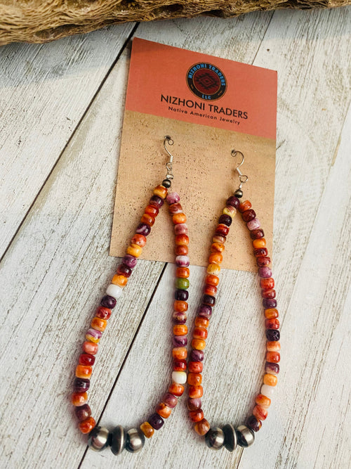 Handcrafted Spiny, Turquoise & Sterling Silver Pearl Dangle Hoop Earrings