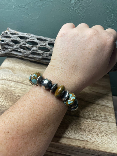 Handcrafted Sterling Silver Stretchy Natural #8 Turquoise Medium Beaded Bracelet 14 mm pearl