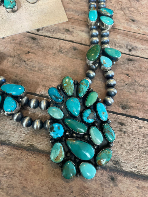 Navajo Beaded Sterling Silver & Royston Turquoise Necklace Set by Ella Peters