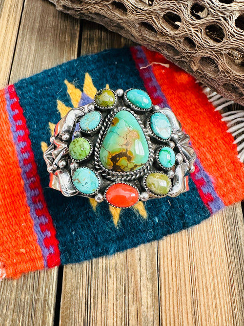 Navajo Old Pawn Turquoise, Coral & Sterling Silver Cuff Bracelet /