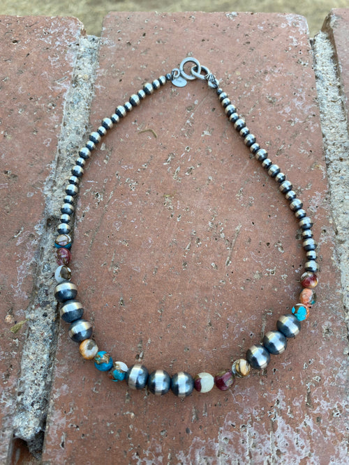 Handcrafted Turquoise & Spiny Spice Sterling Silver Beaded Necklace 14 inch