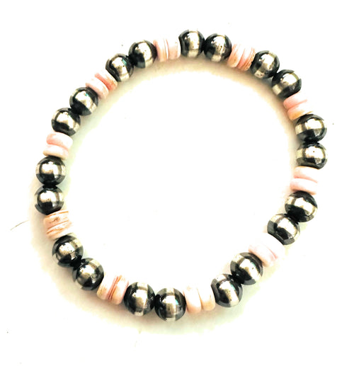 Handcrafted Queen Pink Conch Shell & Sterling Silver Beaded Stretch Bracelet