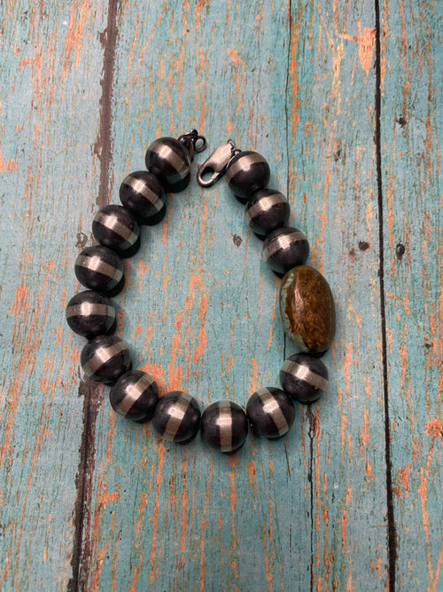 Handcrafted Sterling Silver Pearl 12mm Beaded Bracelet With Natural #8 Stone