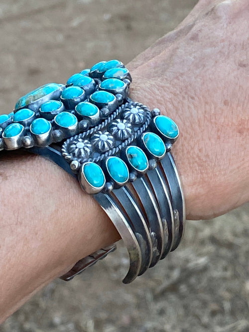 Handcrafted Vintage Turquoise & Sterling Cluster Cuff /