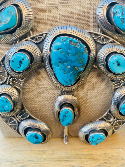 Handcrafted Vintage Kingman Turquoise & Sterling Silver Squash Blossom Necklace