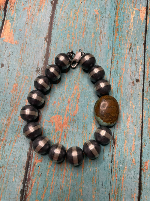 Handcrafted Sterling Silver Pearl 12mm Beaded Bracelet With Natural #8 Stone