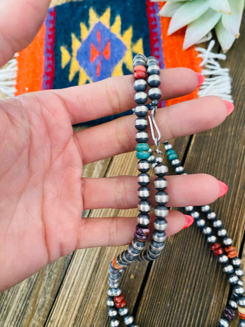 Handcrafted Multi Stone & Sterling Silver Pearl Beaded 36” Necklace