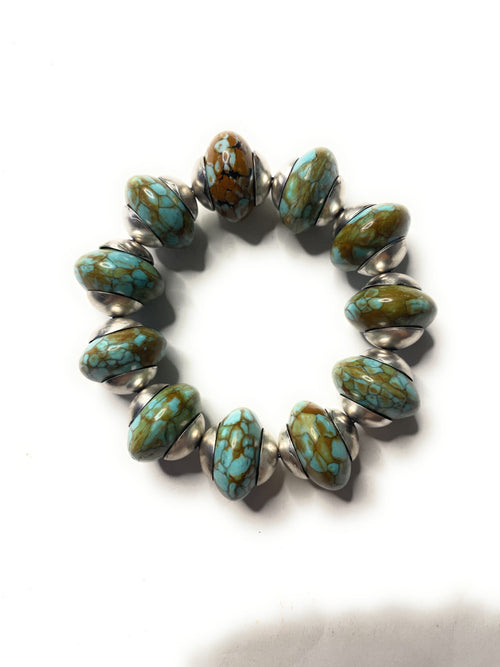 Handcrafted Sterling Silver Stretchy Natural #8 Turquoise Large Beaded Bracelet