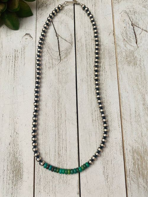 Handcrafted Turquoise & Sterling Silver Beaded Necklace 20”