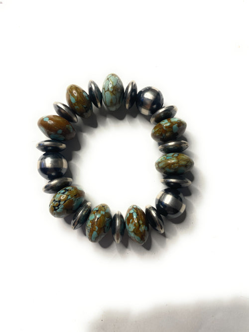 Handcrafted Sterling Silver Stretchy Natural #8 Turquoise Medium Beaded Bracelet 14 mm pearl