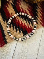 Handcrafted Queen Pink Conch Shell & Sterling Silver Beaded Stretch Bracelet