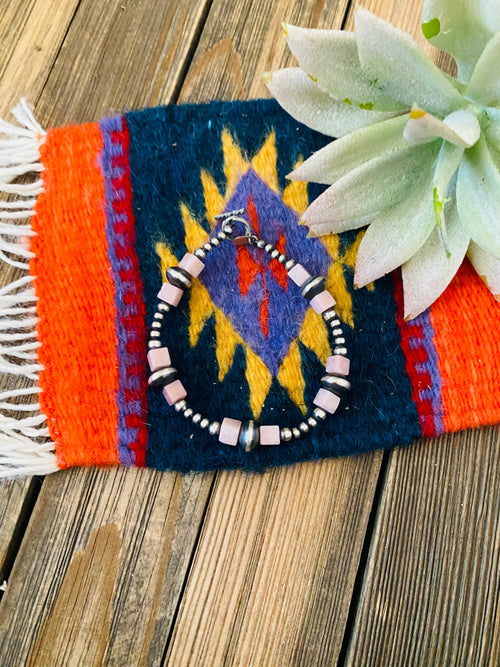 Queen Pink Conch Shell & Sterling Silver Beaded Bracelet