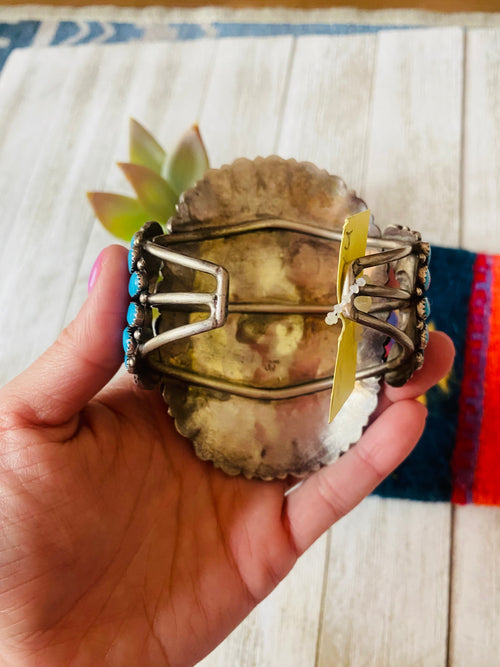 Old Pawn Vintage Navajo Turquoise & Sterling Silver Cluster Watch Cuff /