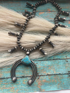 Vintage Navajo Kingman Turquoise & Sterling Silver Beaded Squash Blossom Necklace Signed