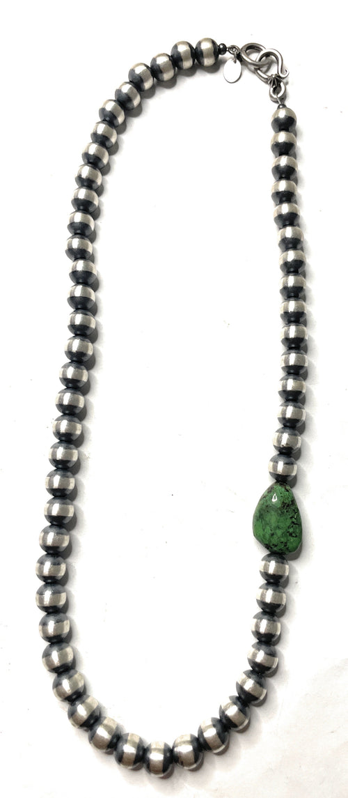 Sterling Silver Pearl 8mm Beaded Necklace With Turquoise Stone 18"