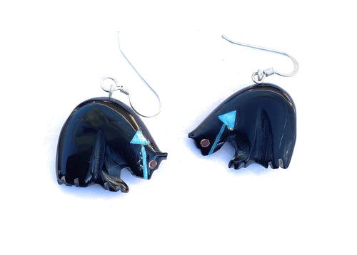 Handcrafted Vintage Jet & Turquoise Fetish Bear Earrings