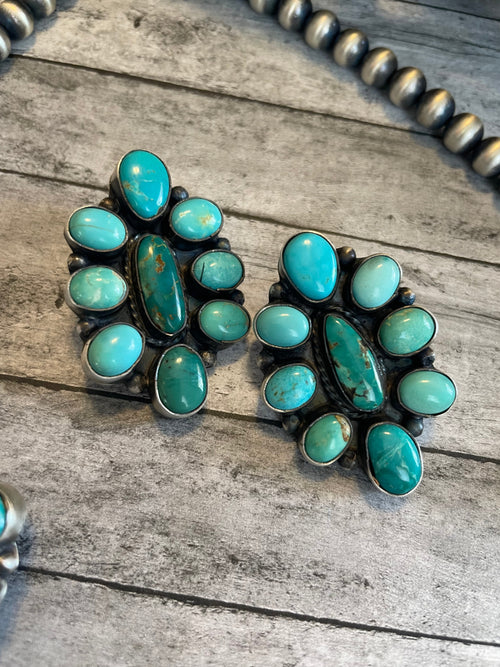 Navajo Beaded Sterling Silver & Royston Turquoise Necklace & Earring Set by Ella Peter